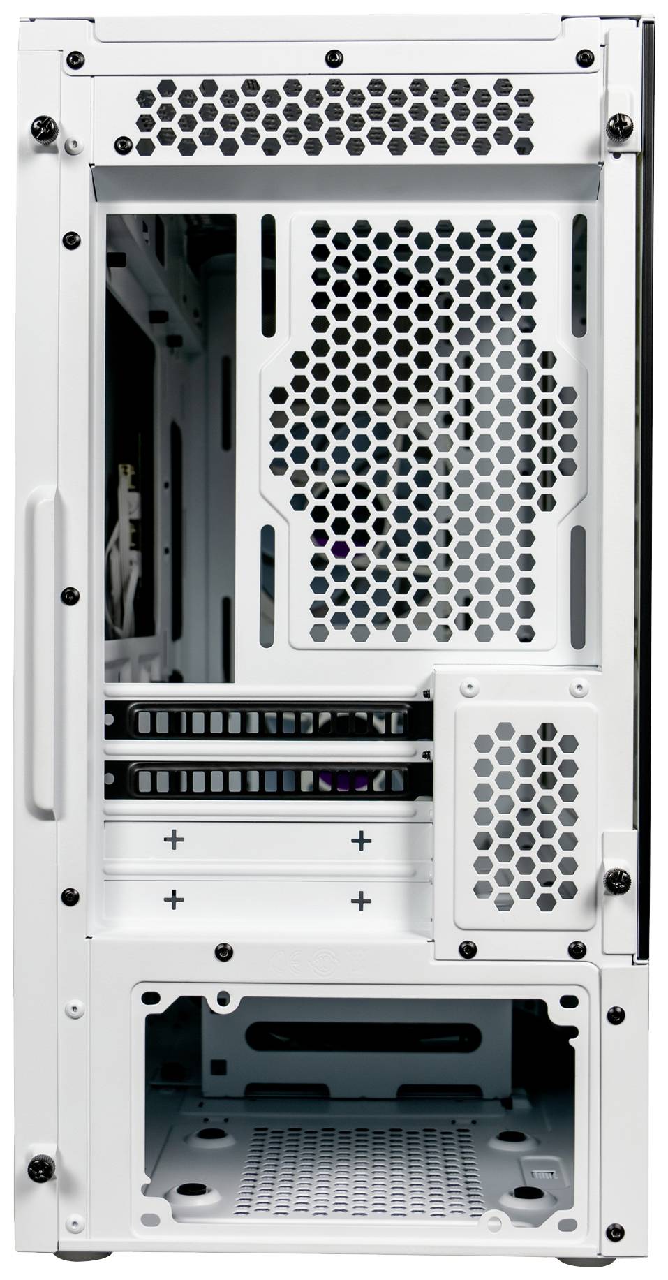 Un case per computer bianco e vuoto visto da dietro, con griglie di ventilazione e spazio per schede di espansione e alimentatore.