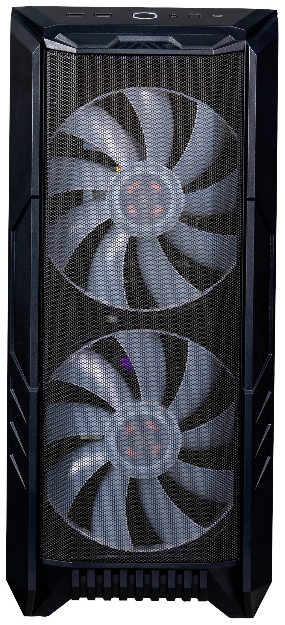 Case per computer con due grandi ventole in una cornice frontale nera, che garantiscono raffreddamento e circolazione dell'aria.