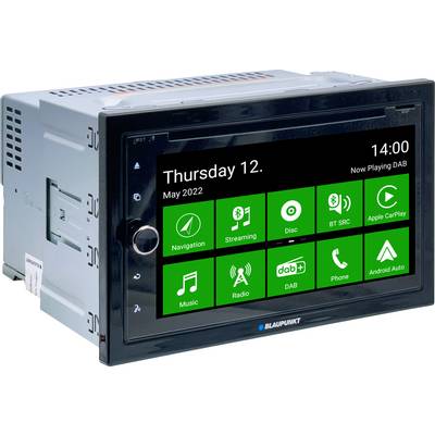 Autoradio con schermo touch mostra data 'Giovedì, 12 maggio 2022', ora '14:00', controlli musicali, opzioni di navigazione e chiamata.