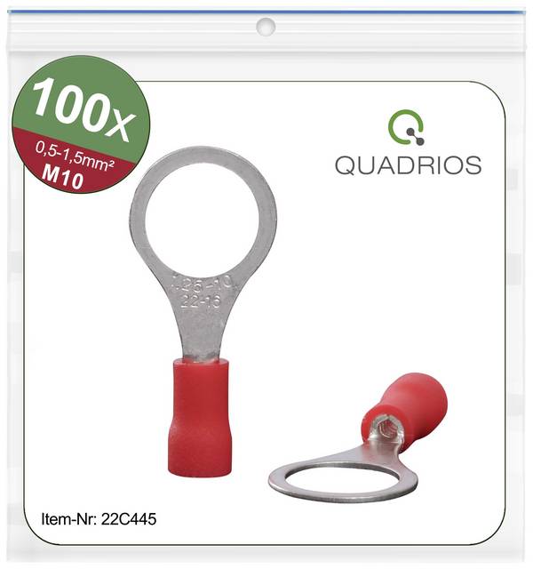 Quadrios 22C445 Capocorda ad anello  Sezione Max=1.5 mm² Ø foro=10.5 mm Parzialmente isolato Rosso 1 KIT
