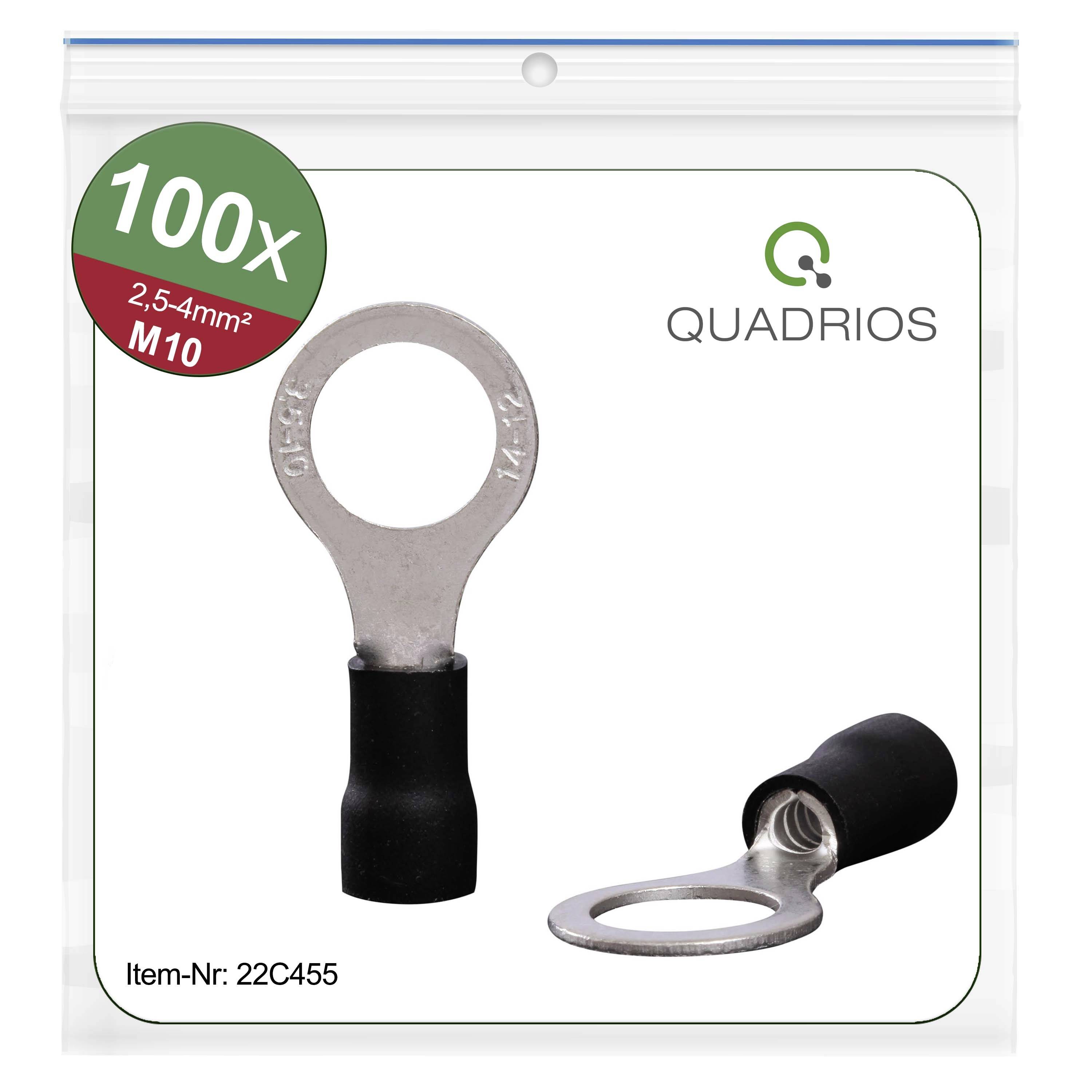 'Confezione da 100 capicorda Quadrios, 2,5-4mm² M10, in metallo con isolamento nero, codice articolo 22C455.'