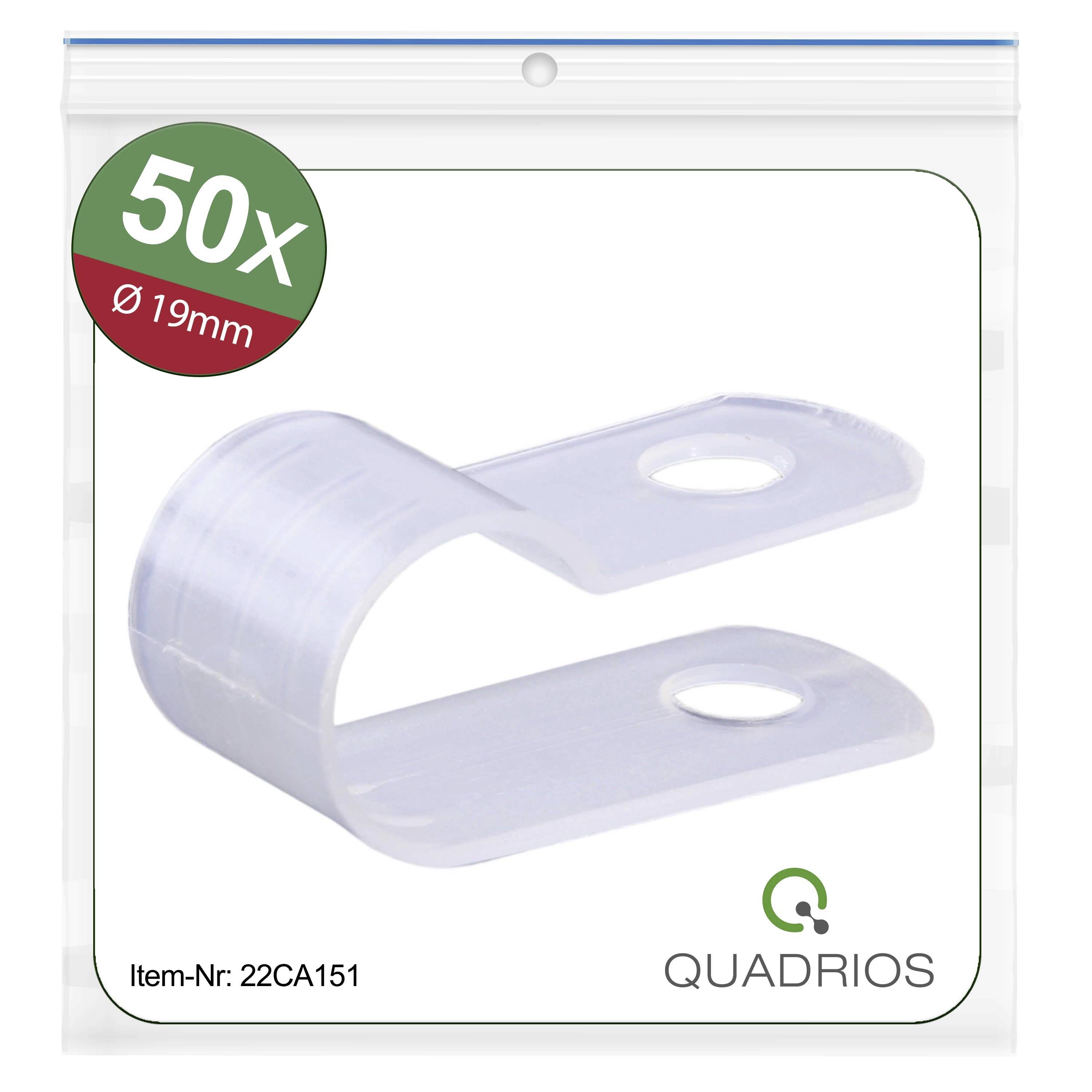 'Confezione da 50 fascette stringitubo, diametro 19mm, codice articolo 22CA151, marca Quadrios.' Immagine del prodotto di una fascetta stringitubo trasparente.