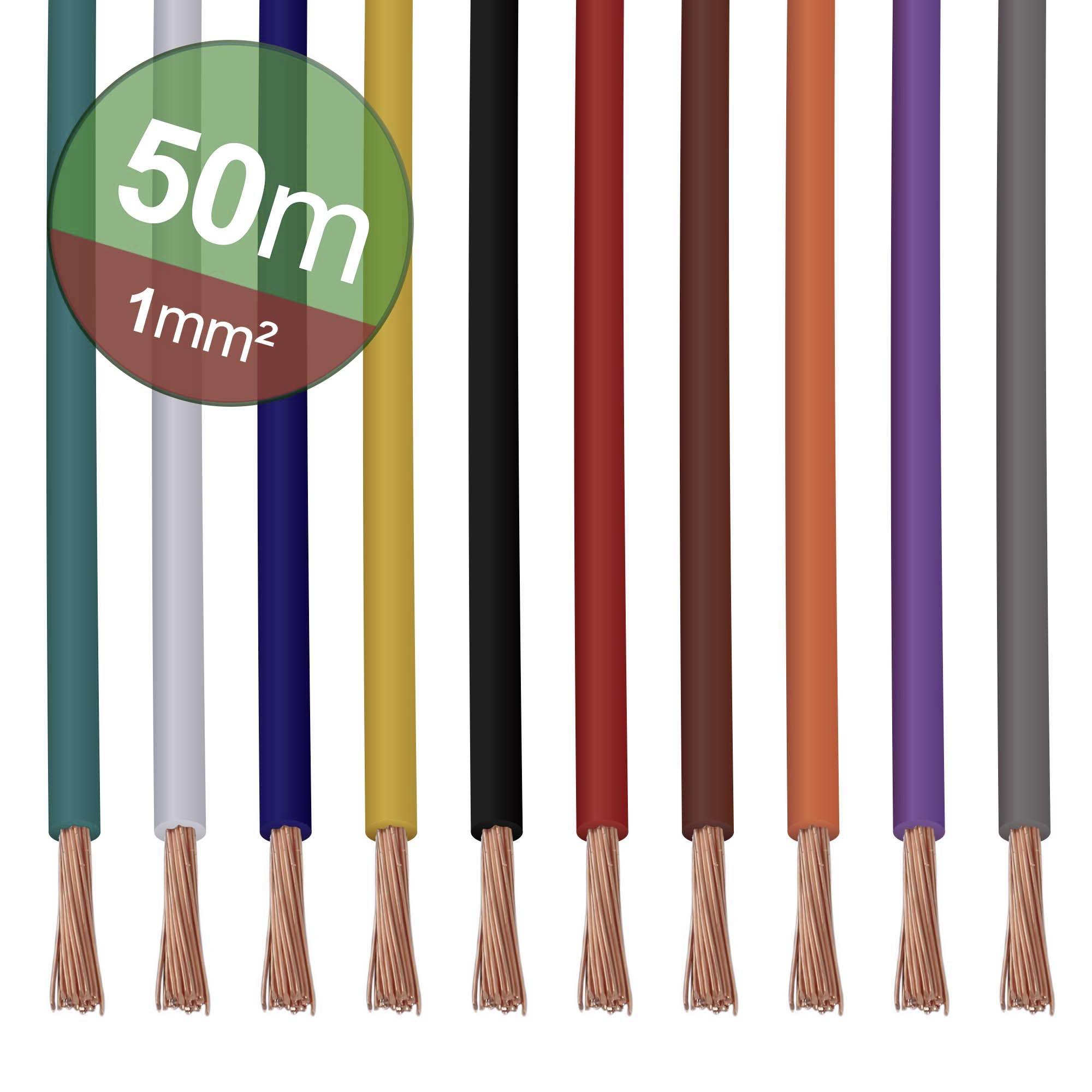 Dieci fili di rame colorati e isolati affiancati. In alto a destra: '50m, 1mm²'.