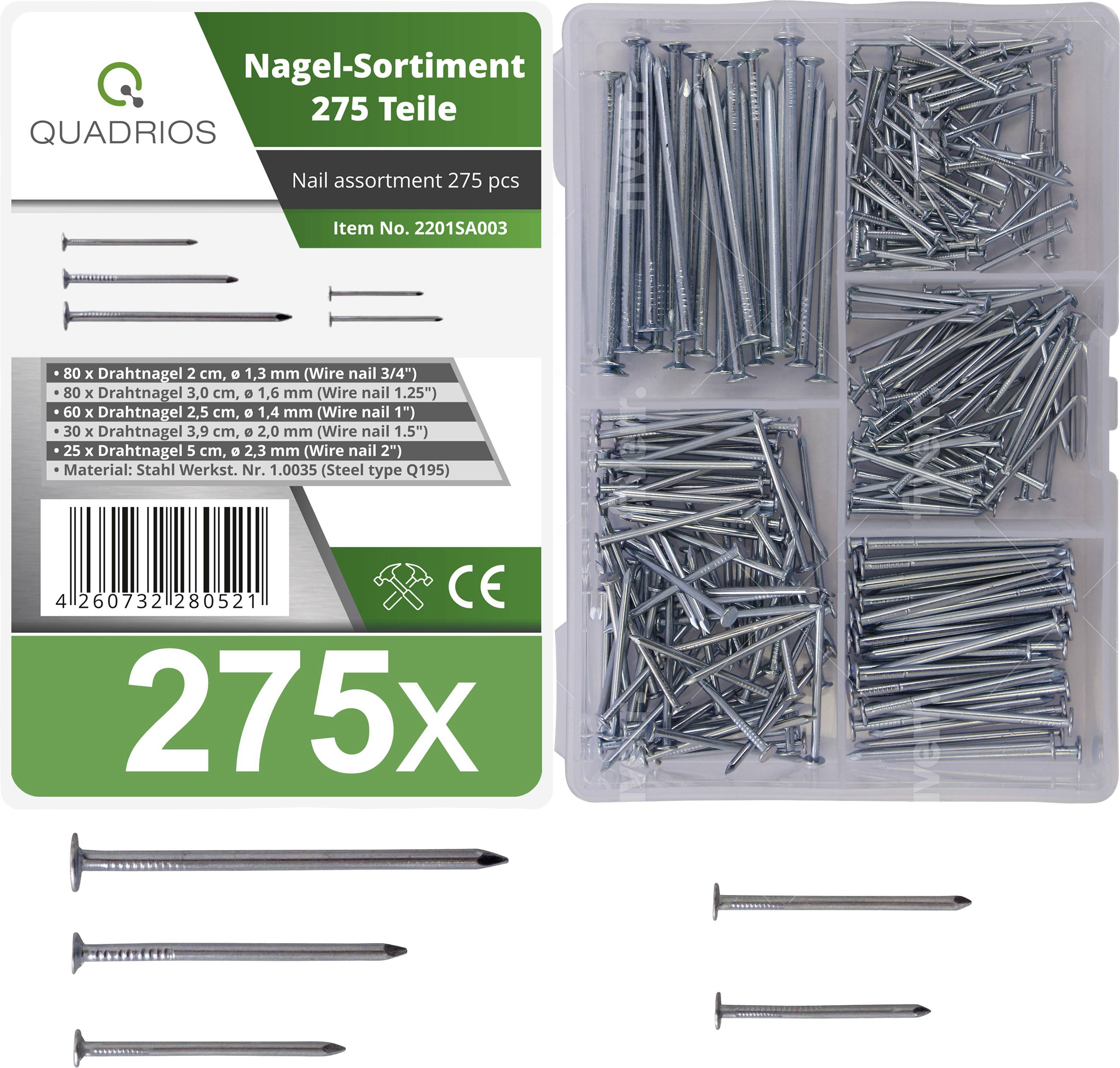 'Assortimento di chiodi 275 pezzi' con diversi tipi e dimensioni di chiodi in una scatola di plastica.
