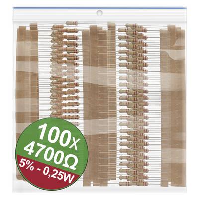 Sacchetto con 100 resistenze, 4700 Ohm, tolleranza 5%, 0,25 Watt.