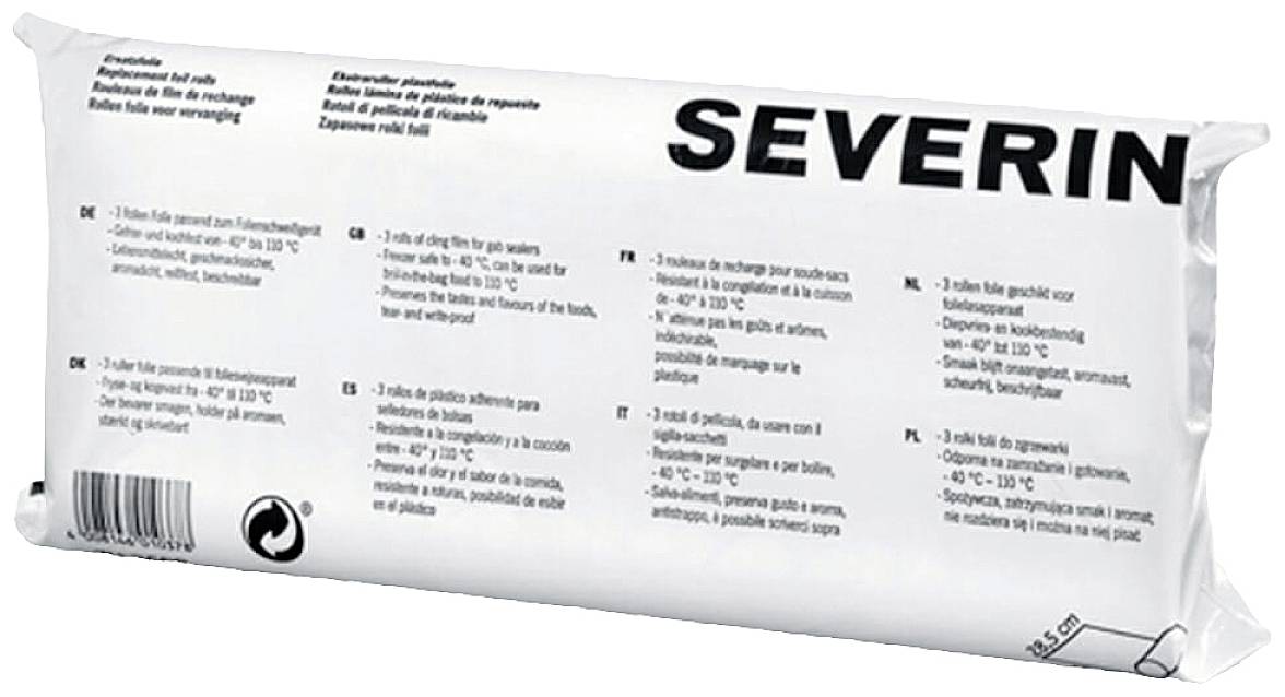 Rotolo 'Severin' per sigillatore sottovuoto, bianco, 22,5 cm x 3 m. Etichetta di imballaggio con informazioni sul prodotto e istruzioni per l'uso.