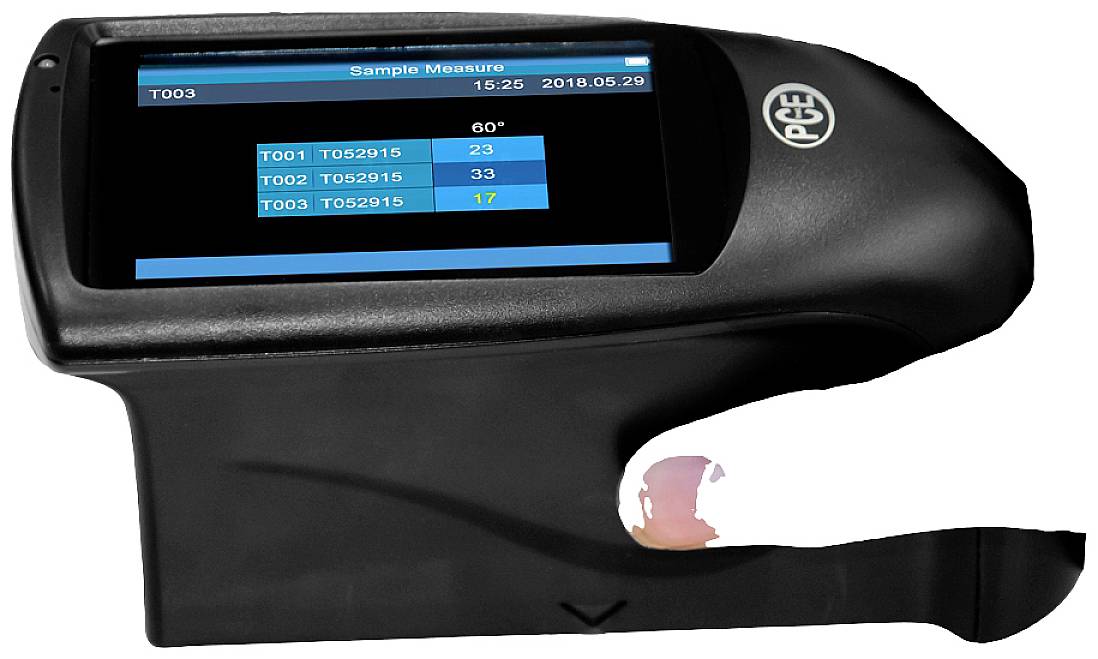 Dispositivo di misurazione portatile con display che mostra il testo 'Sample Measure'. Indica misurazioni angolari a 60° con tre risultati diversi: 23, 25 e 17.