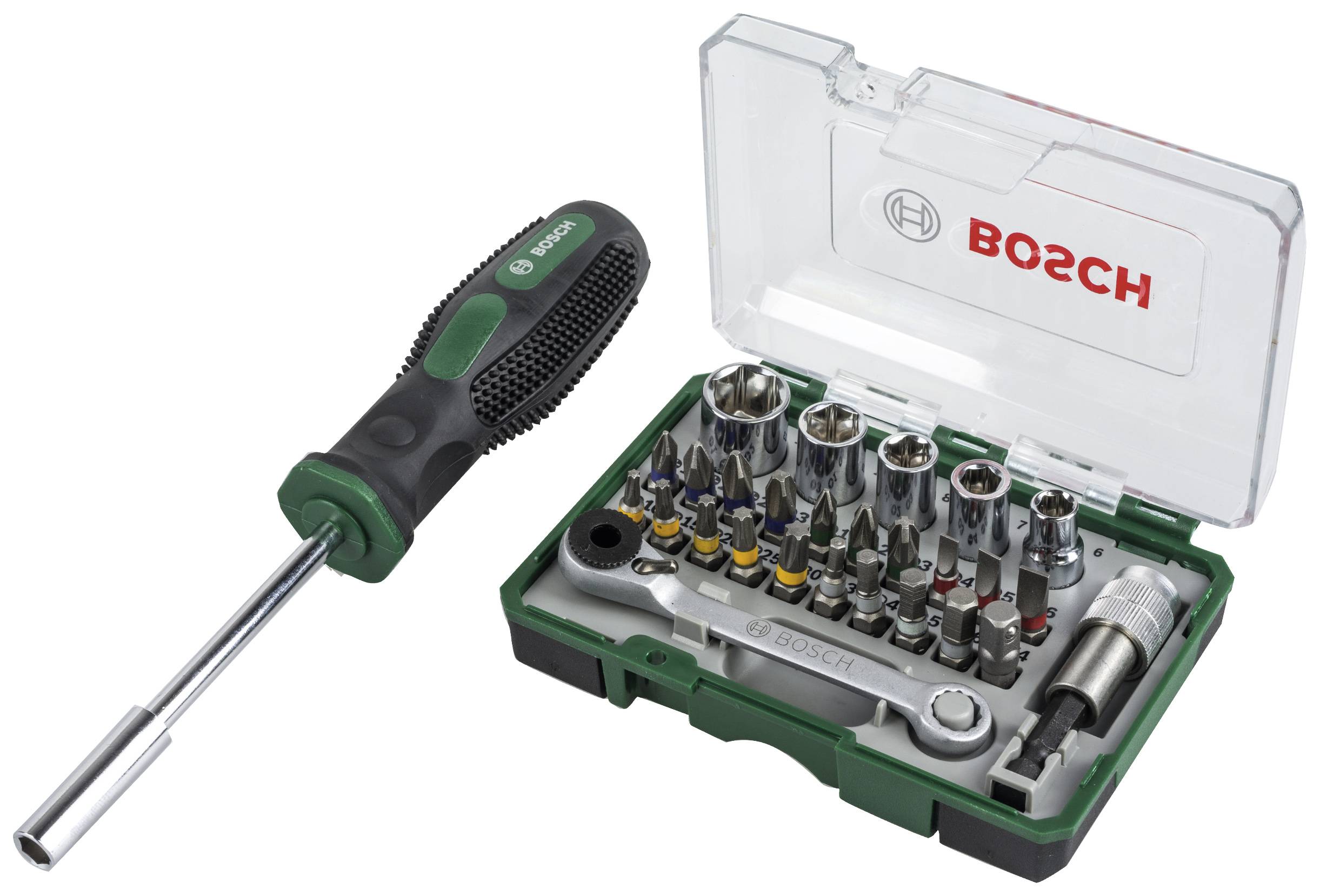 Set di utensili Bosch con un manico per cacciavite e vari inserti in una scatola di plastica aperta.