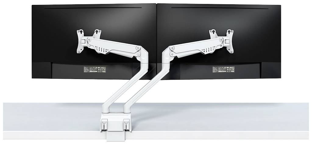 Due monitor neri montati su un tavolo con bracci regolabili bianchi.