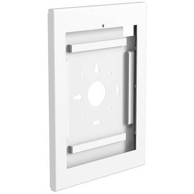 Un telaio di montaggio a parete rettangolare bianco con supporti e spazio per l'installazione di un dispositivo, come un tablet.