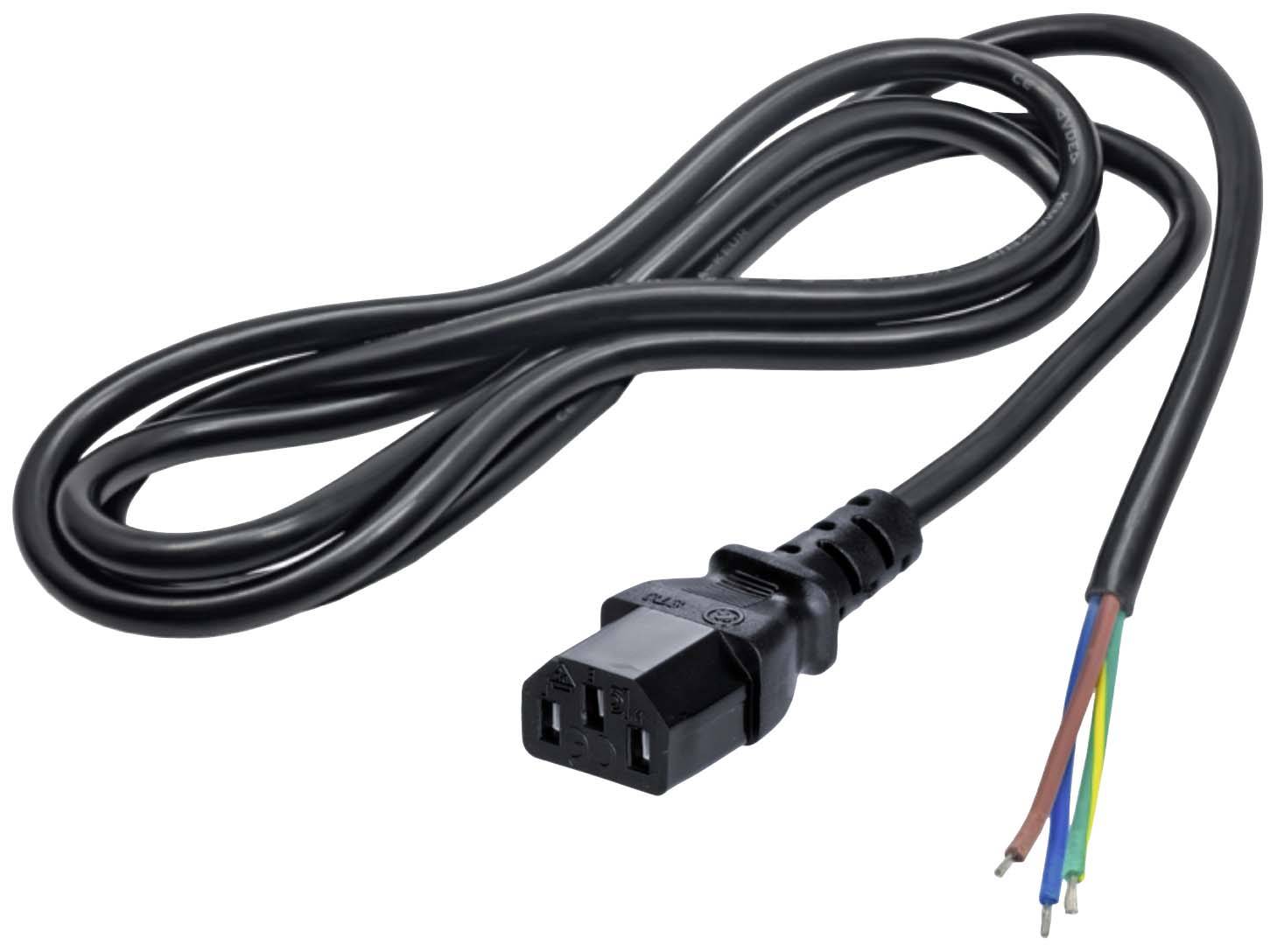 Un cavo di rete nero con un connettore IEC-C13 su un lato e conduttori aperti colorati sull'altro lato.