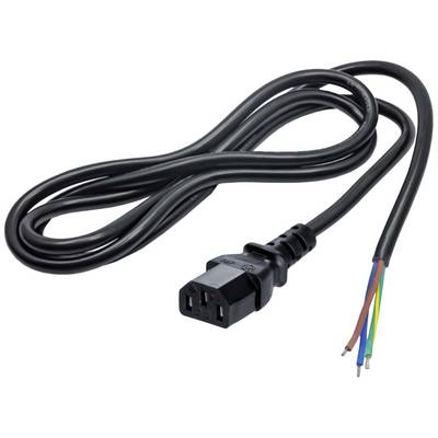 Un cavo di rete nero con un connettore IEC-C13 su un lato e conduttori aperti colorati sull'altro lato.