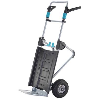 Carrello di trasporto con piano di carico nero e due ruote, adatto per il trasporto di oggetti pesanti. Impugnatura con accenti blu.