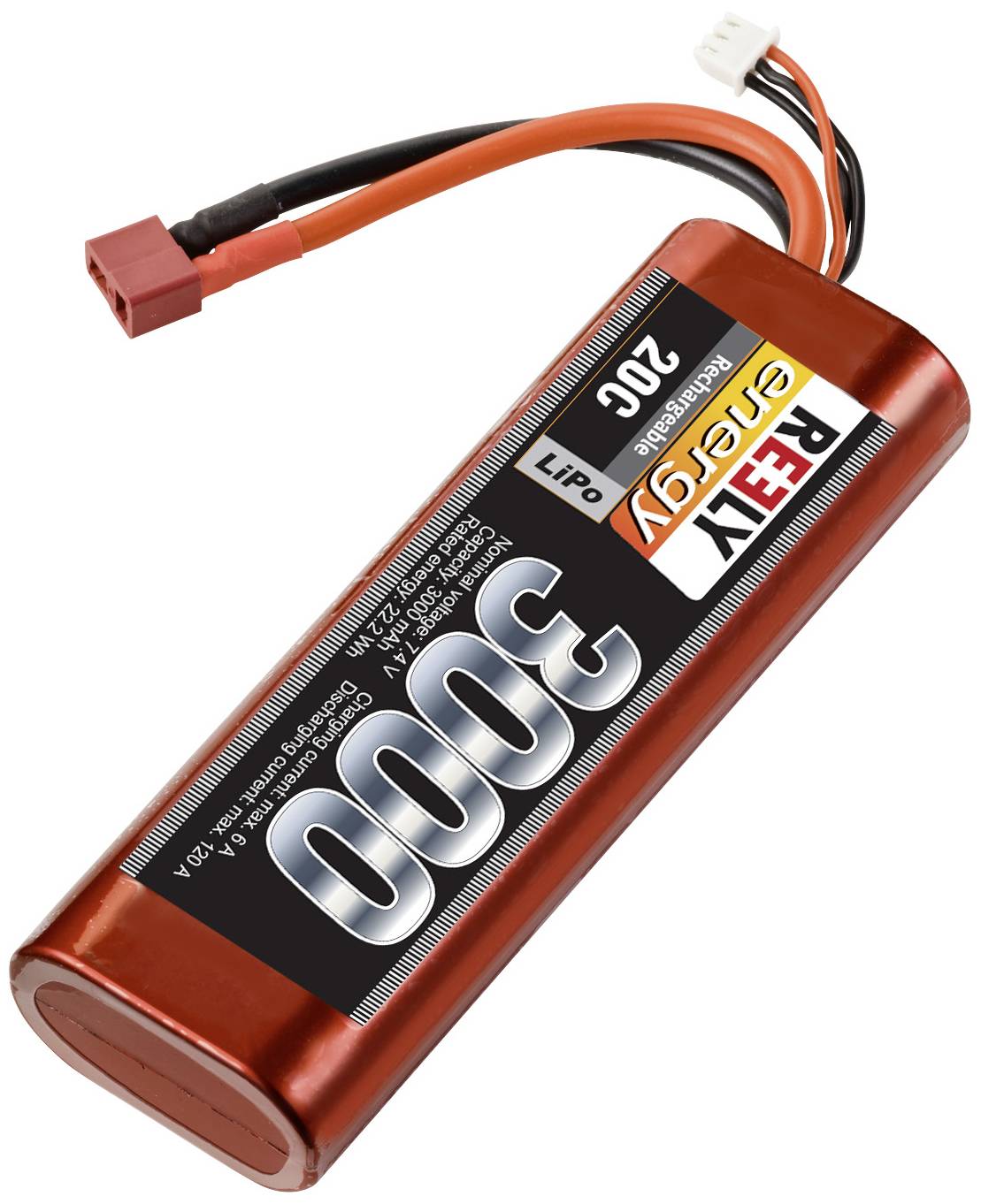"Batteria agli ioni di litio 3000mAh, 20C, 7,4V, Ready Energy" è scritto su una batteria cilindrica rossa con due cavi collegati.