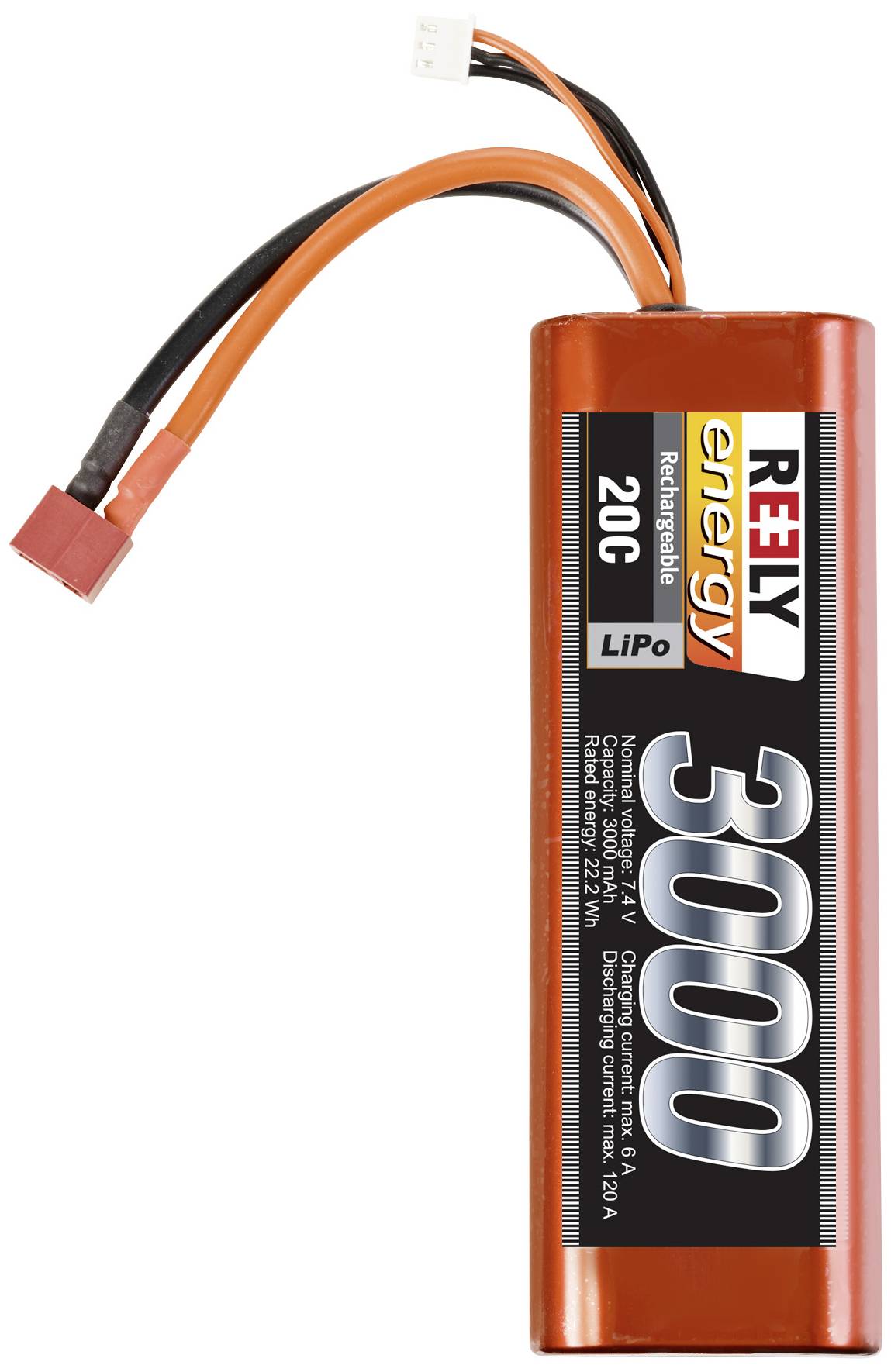Una batteria al litio-polimero rossa con la scritta: '3000 mAh, 11,1V, 20C'. È ricaricabile e ha due connettori per cavi.