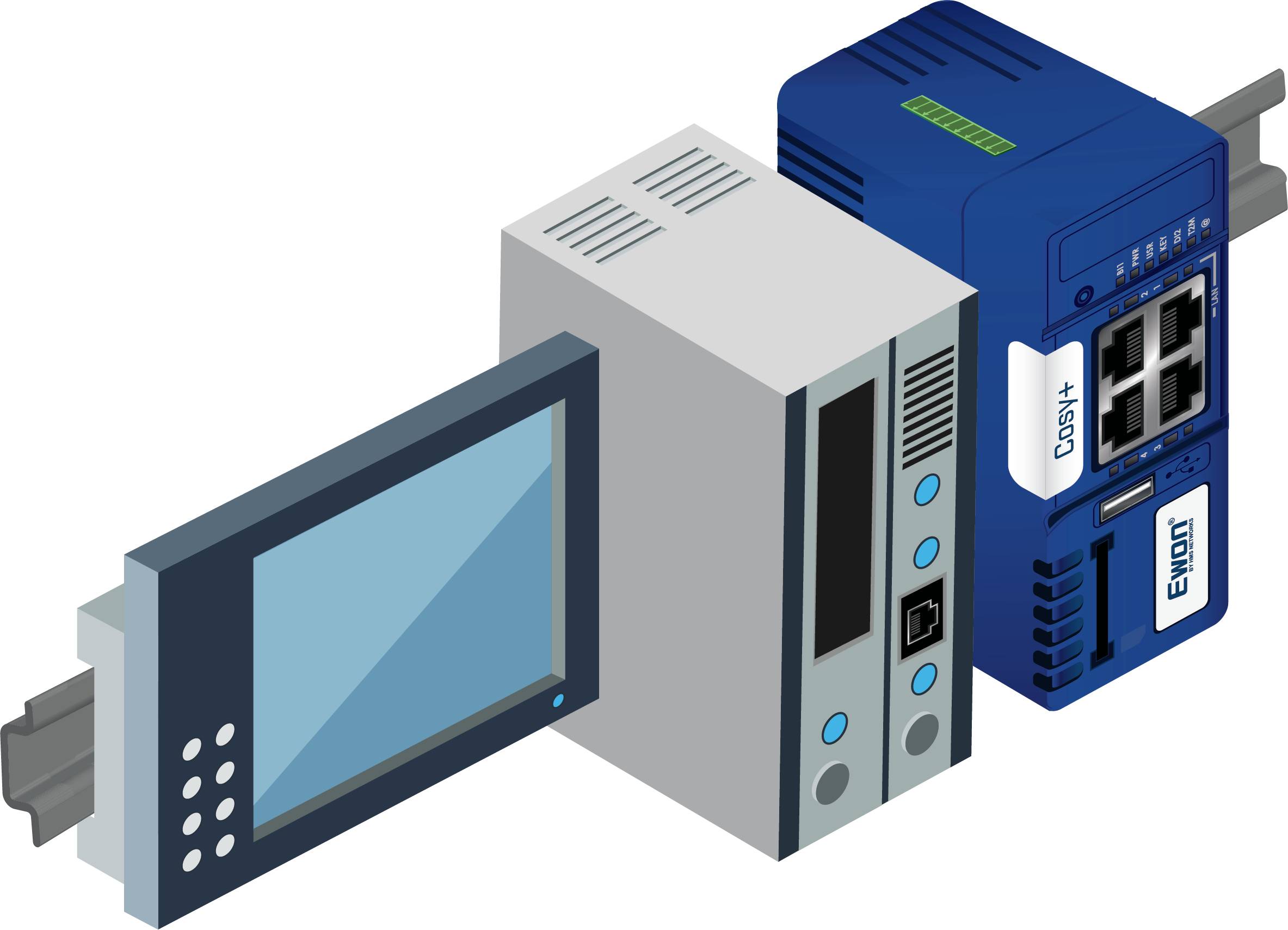 Un dispositivo elettrico di controllo con display, pulsanti e connessioni di rete, probabilmente per applicazioni industriali.