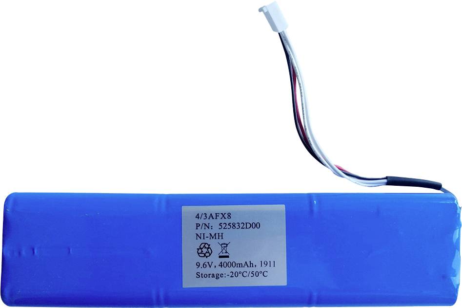 Batteria blu Ni-MH con scritta '9.6V, 4000mAh'. Contiene fili e un cartellino con istruzioni di stoccaggio '-20°C/50°C'.