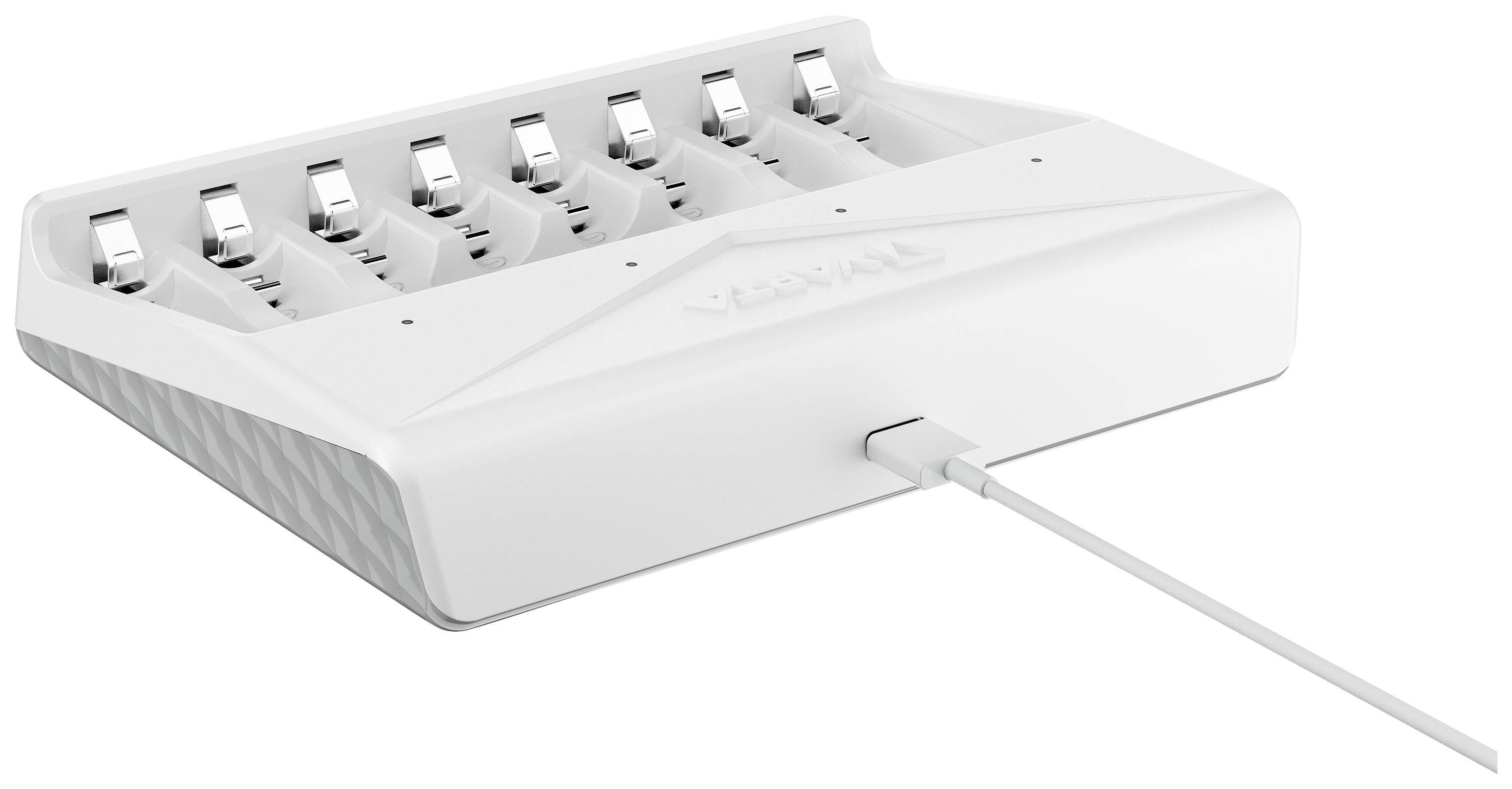 Caricabatterie bianco con otto slot, collegato con un cavo, che mostra una tecnologia moderna per la ricarica simultanea di più batterie