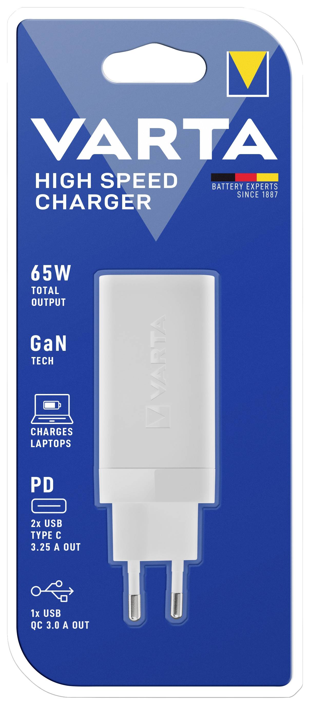 Un caricabatterie USB da 65W di Varta, adatto per laptop. Dotato di tecnologia GaN, porte PD, USB Tipo C e uscite QC 3.0.