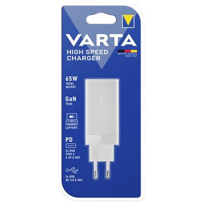 Un caricabatterie USB da 65W di Varta, adatto per laptop. Dotato di tecnologia GaN, porte PD, USB Tipo C e uscite QC 3.0.