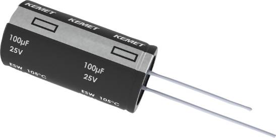 Condensatore cilindrico nero con scritta '100µF 25V', due lunghi fili di collegamento, adatto per circuiti elettronici.