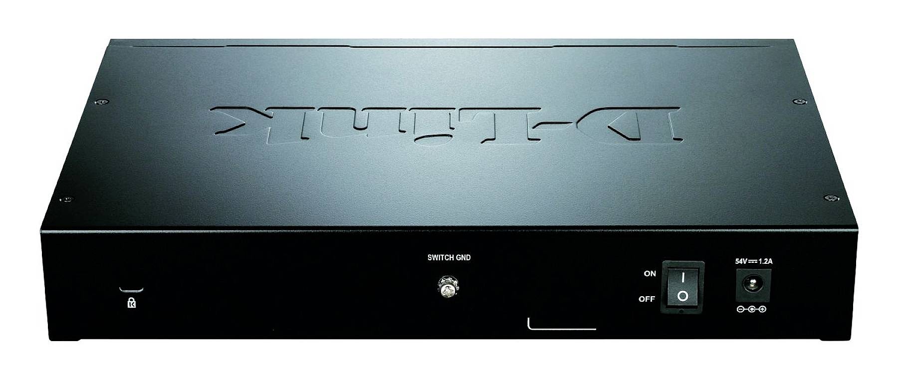 Un interruttore di rete D-Link con superficie esterna nera, interruttore centrale e vari porte sulla parte anteriore.