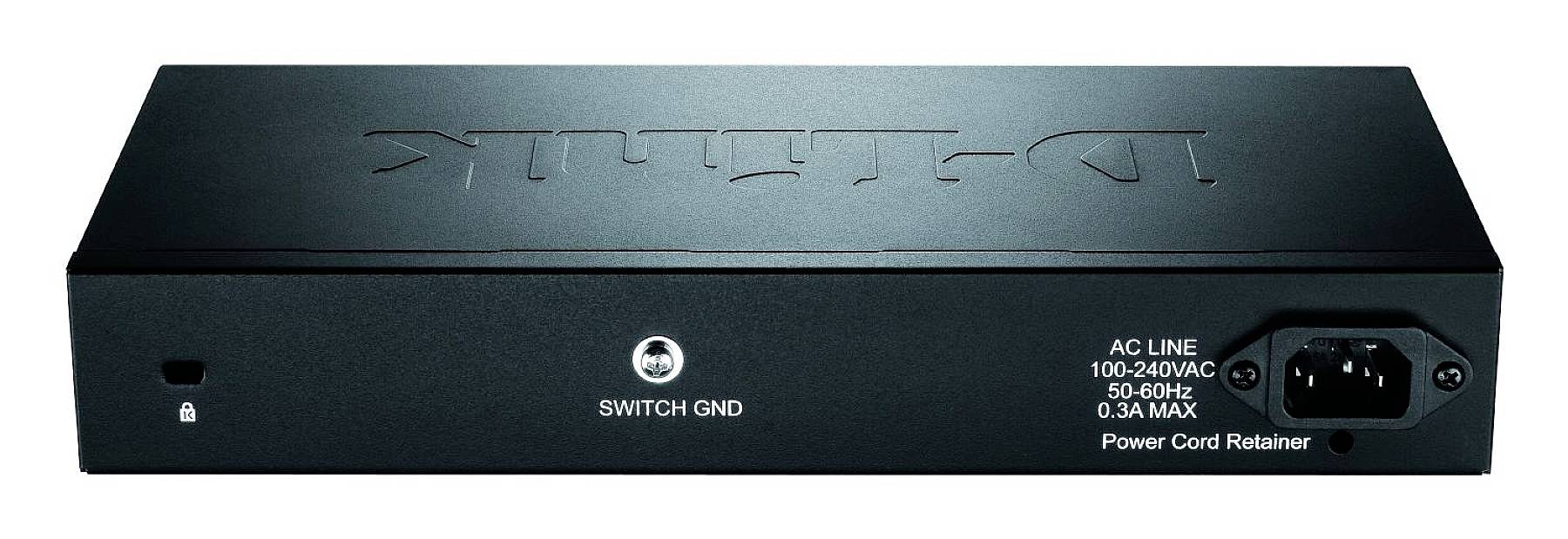 Switch di rete D-Link nero, retro con connettore di alimentazione, etichette per linea di corrente alternata, indicazioni di tensione e amperaggio.