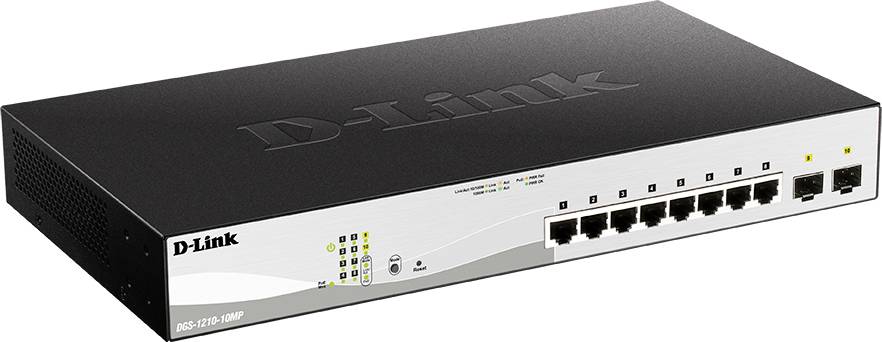 Un interruttore Ethernet D-Link con otto porte di rete e indicatori LED di stato. Il dispositivo è utilizzato per la connessione di computer in rete.