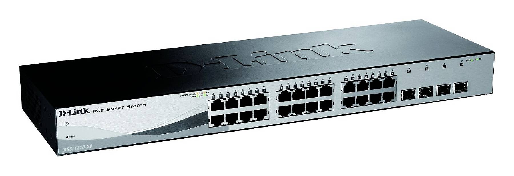 Un switch di rete nero con la scritta 'D-Link' sul davanti, dotato di diversi porte Ethernet per la distribuzione dei dati.