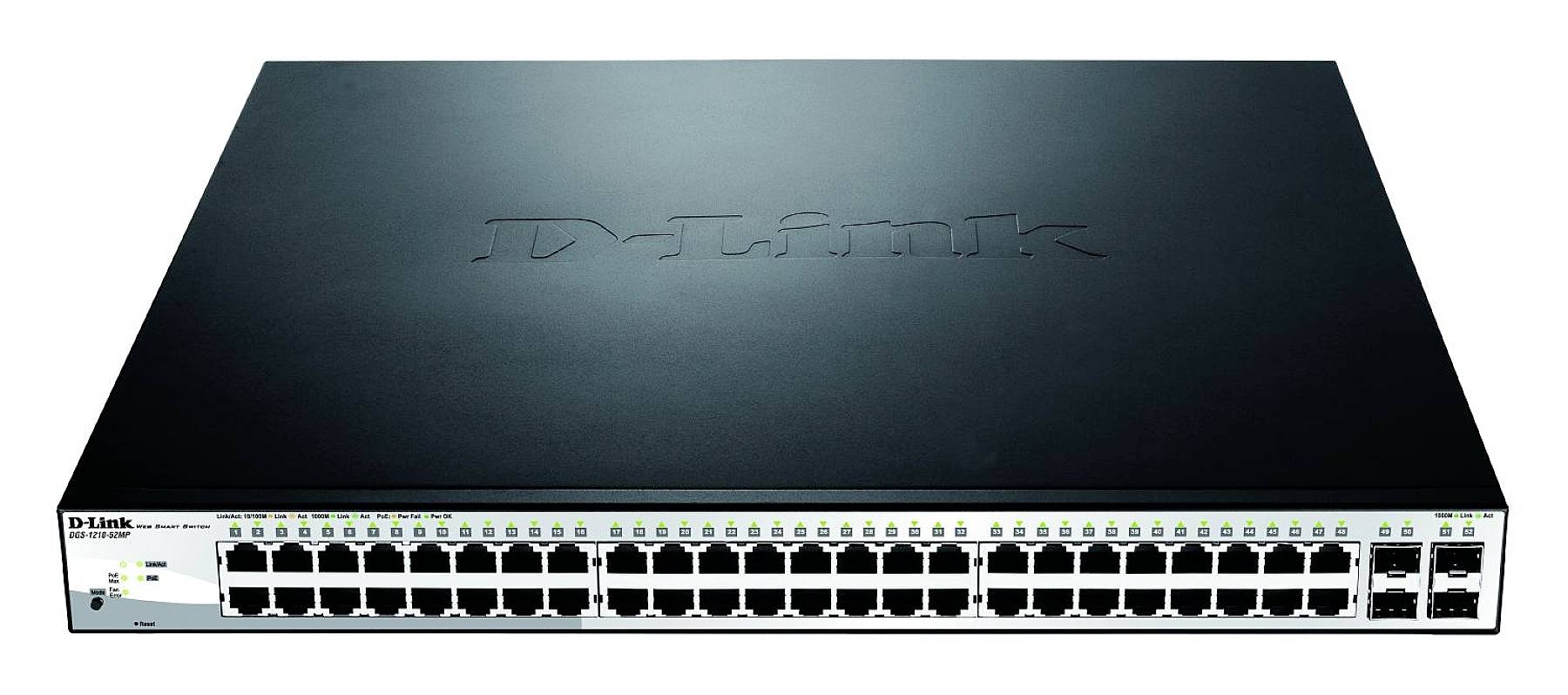 Un switch di rete nero di D-Link con 48 porte Ethernet sul lato frontale.