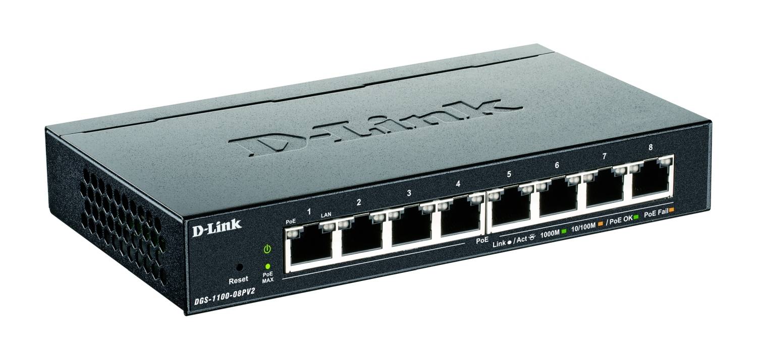 Un interruttore Ethernet D-Link nero a 8 porte con otto connessioni LAN numerate e indicatori LED sul pannello frontale.
