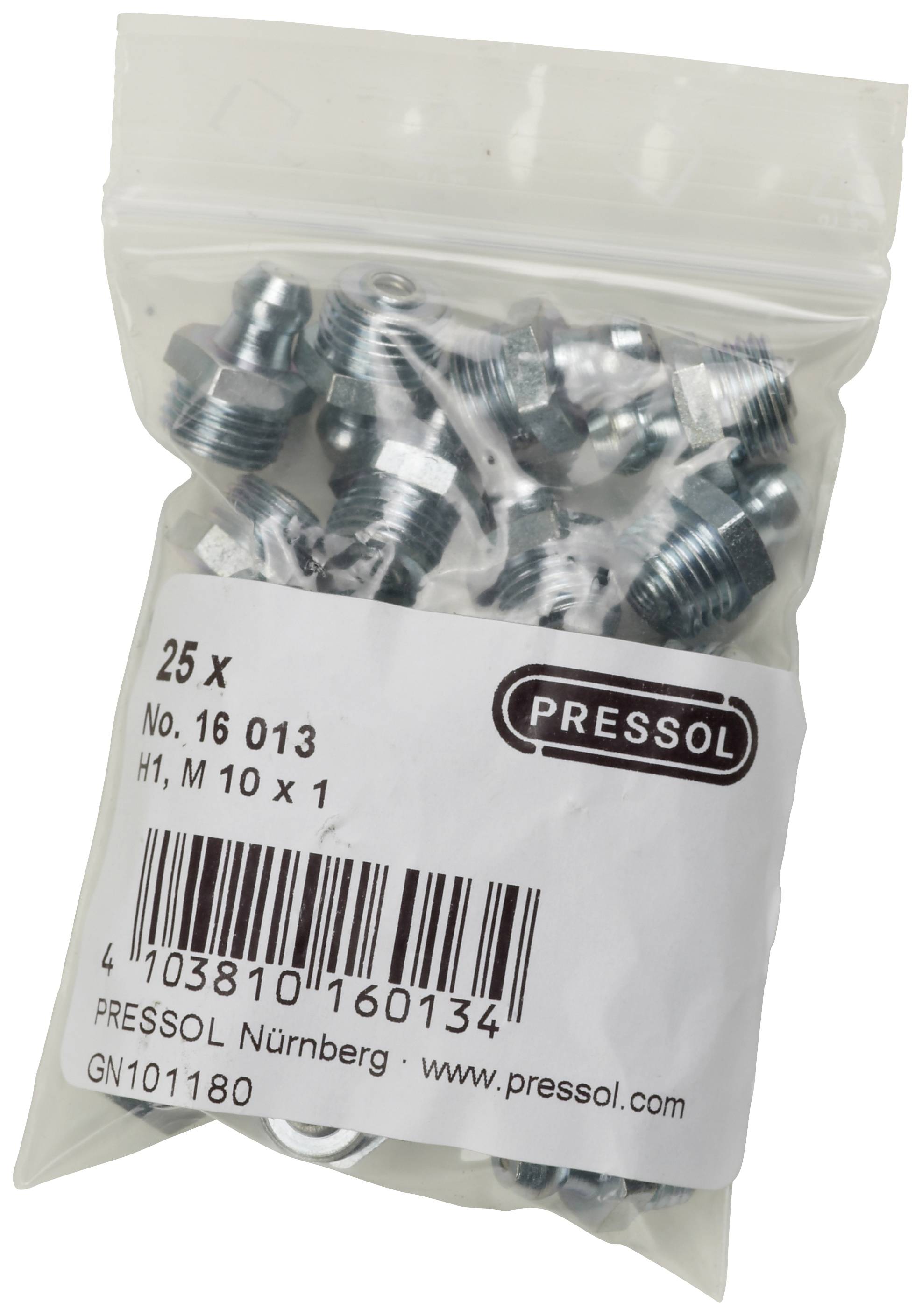 Una busta contenente 25 raccordi metallici, contrassegnati con 'H1, M 10 x 1'. Informazioni del produttore: PRESSOL, Norimberga.