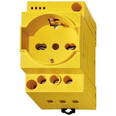 Unità di connessione elettrica gialla con più punti di connessione. Il modulo superiore mostra una presa rotonda per spine standard.