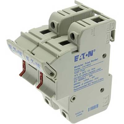 Un interruttore automatico modulare grigio con pulsante rosso e stampa blu 'EATON'. Utilizzato per la protezione di circuiti elettrici.