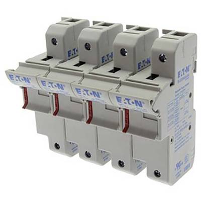 Un interruttore elettrico di potenza grigio a quattro poli con marcature blu 'Eaton', utilizzato per interrompere il circuito elettrico.
