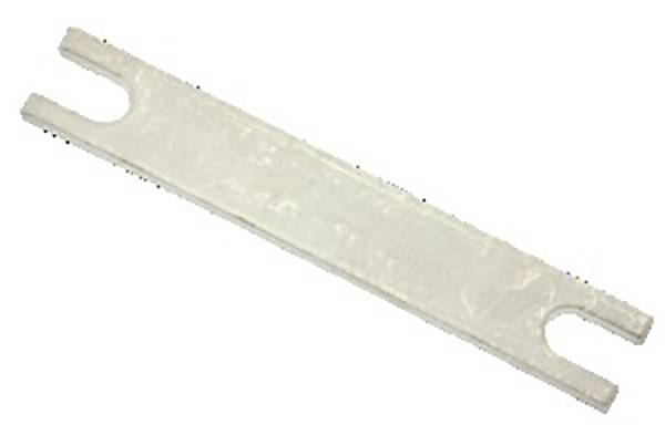 Uno strumento in plastica bianco e rettangolare con due estremità a forma di U è poggiato su uno sfondo bianco.