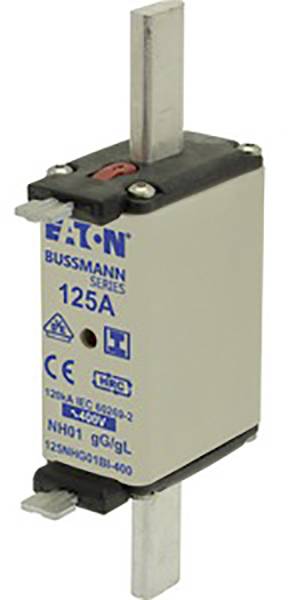 Un fusibile di tipo 'Eaton Bussmann Series 125A', con marchio CE e classificazione NH01, idoneo per applicazioni di protezione elettrica.