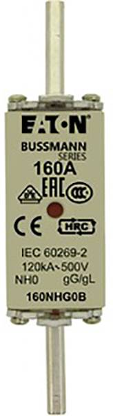 'Fusibile con etichette: EATON Bussmann Serie, 160A, marchio CE, standard IEC 60269-2, 120kA-500V, NH0, gG/gL, 160NHG0B.'