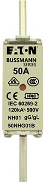 Dispositivo di sicurezza con la scritta 'EATON BUSSMANN SERIES 50A 120kA 500V'. Riporta informazioni di certificazione e protezione.