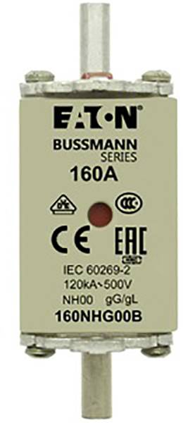 Fusibile Eaton, serie Bussmann, da 160A con marchio CE. Numero modello 160NHG00B, idoneo per 500V, 120kA.