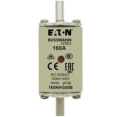 Fusibile Eaton, serie Bussmann, da 160A con marchio CE. Numero modello 160NHG00B, idoneo per 500V, 120kA.