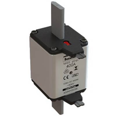 Inserimento fusibile NH elettrico con targhetta '400A', contatti incassati, idoneo per applicazioni ad alto amperaggio, indicatore rosso.