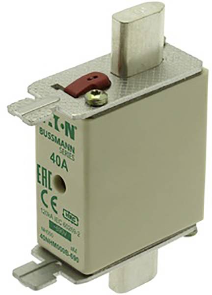 Fusibile da 40A con contatti metallici e stampa verde 'EATON, BUSSMANN'.