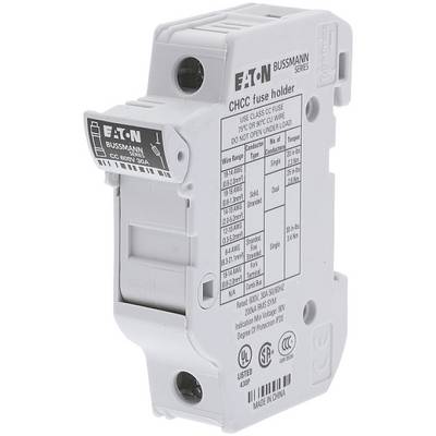 Un supporto di sicurezza bianco del marchio Eaton con specifiche tecniche sul lato frontale. Funzione principale: inserire e proteggere i fusibili.
