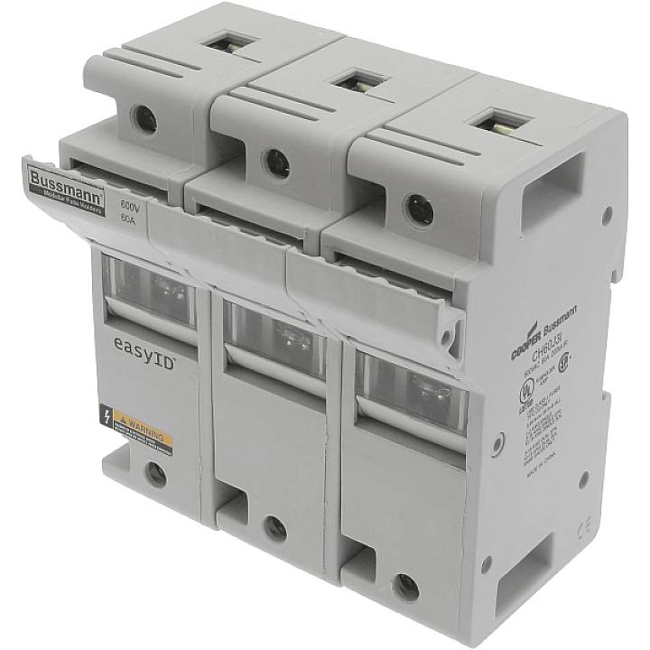 Interruttore automatico tripolare Bussmann, 600V/60A, con indicatore LED 'easyID' per un rapido controllo della funzionalità del dispositivo di protezione.