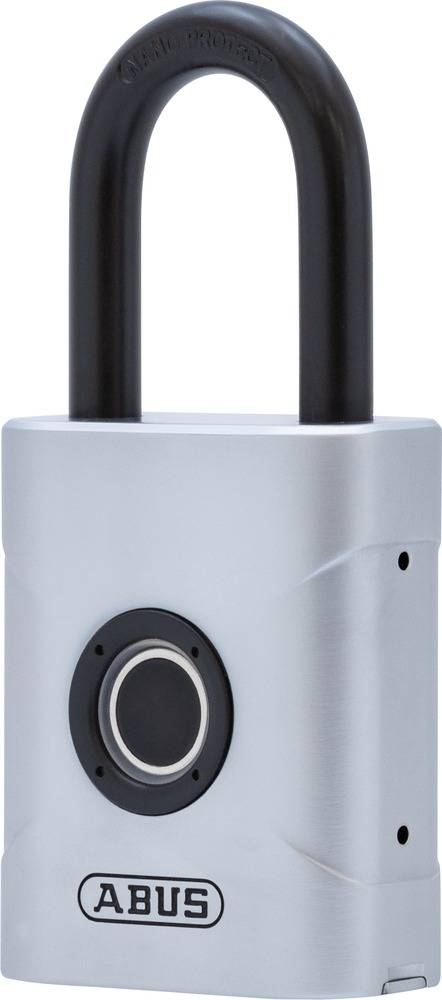 Un lucchetto d'argento con un sensore rotondo nel mezzo e la scritta 'ABUS' sul bordo inferiore.