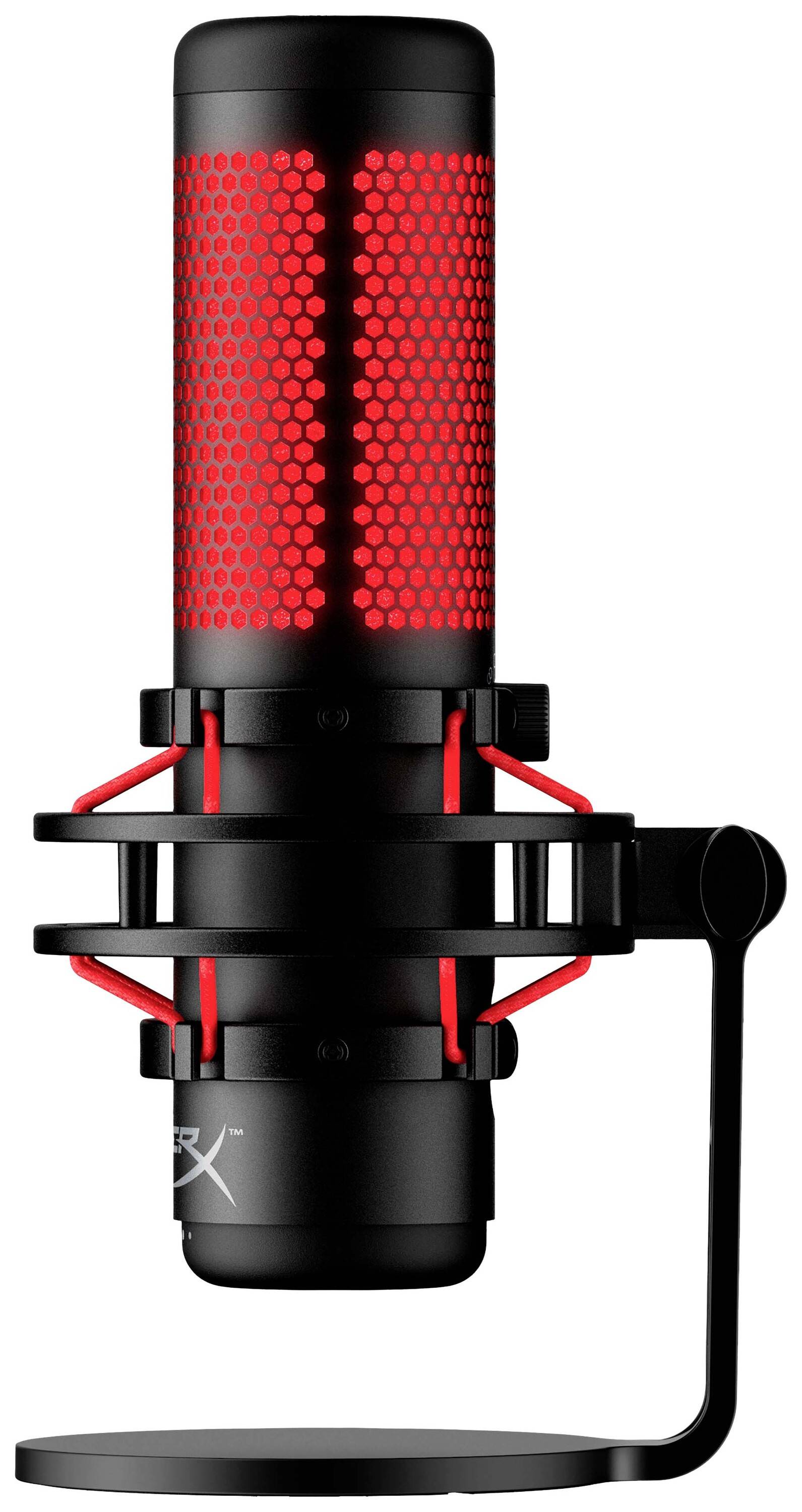 Microfono nero con illuminazione LED rossa, montato su un supporto. Il linguaggio di design della tecnologia gaming è chiaramente riconoscibile.
