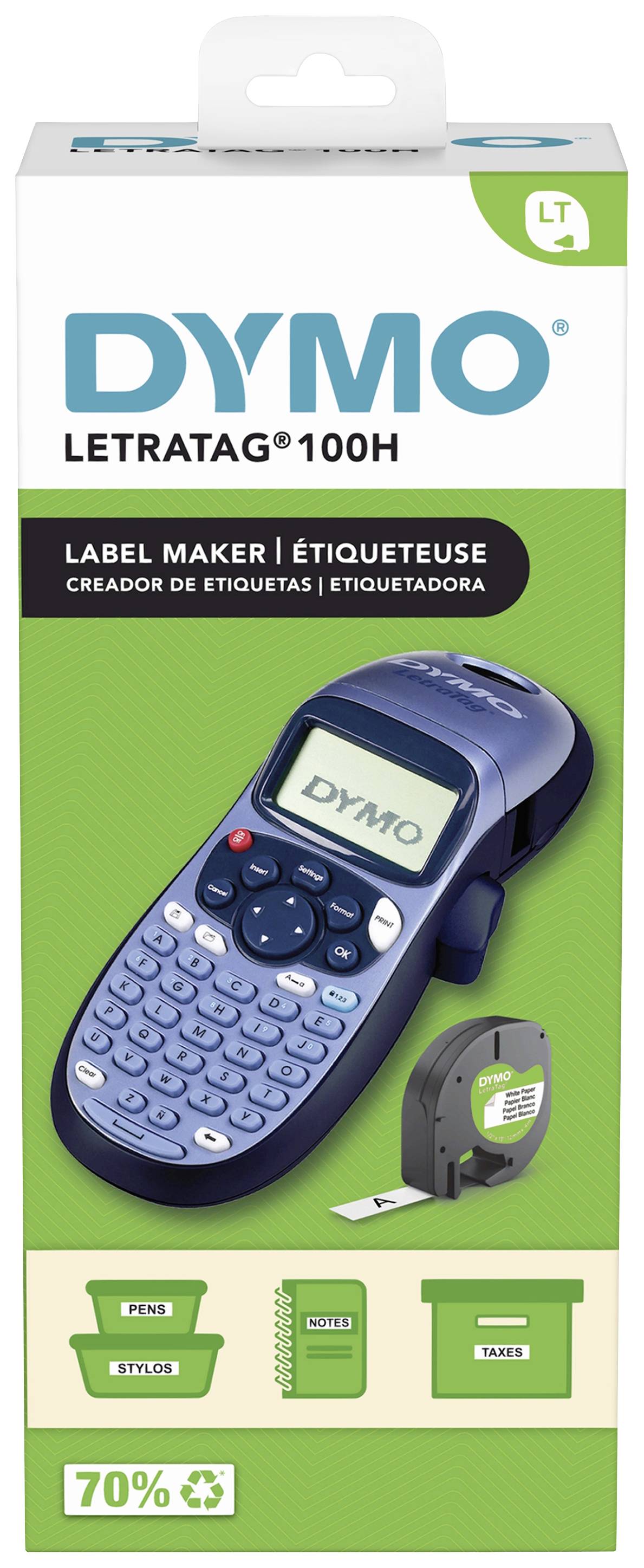Scatola della stampante per etichette DYMO LetraTag 100H. Mostra il dispositivo con una tastiera e un display. Include un nastro.