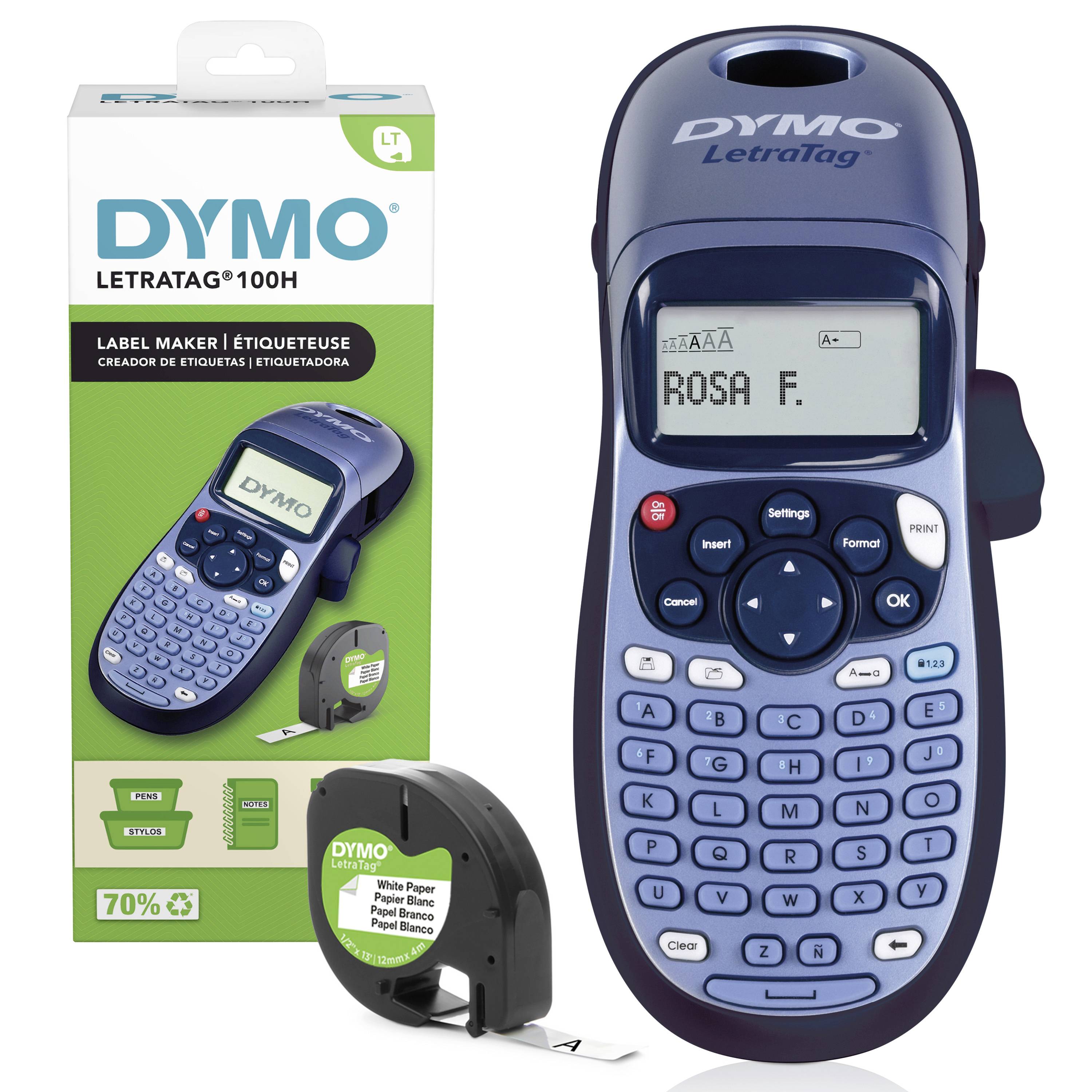 Stampante per etichette DYMO LetraTag 100H, con display digitale e tastiera, accanto a una confezione di etichette di carta.