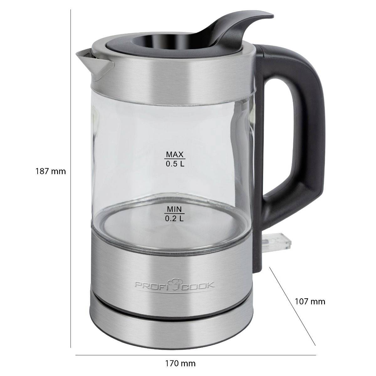 Bollitore in vetro con manico nero e base in acciaio inossidabile, adatto per 0,2-0,5 litri. Dimensioni: 187 mm di altezza, 170 mm di larghezza, 107 mm di profondità.